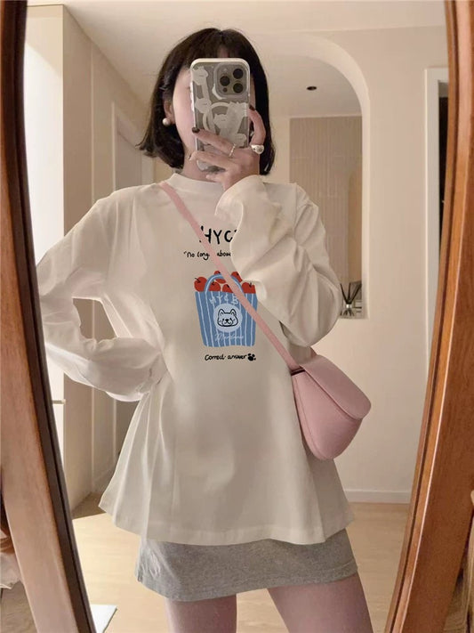 100% cotton American retro Hong Kong style chic straight shoulder long-sleeved T-shirt women's loose lazy niche design top