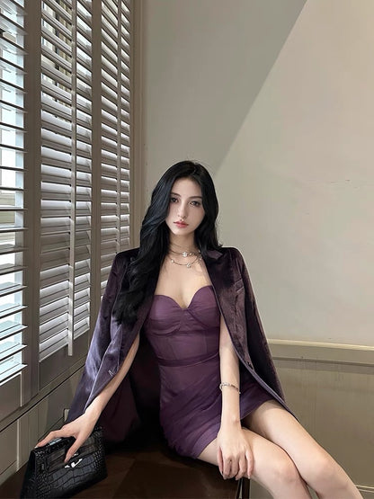 For Fay purple mesh wrinkled fishbone satin slim dress high-end design pure lust suspender skirt