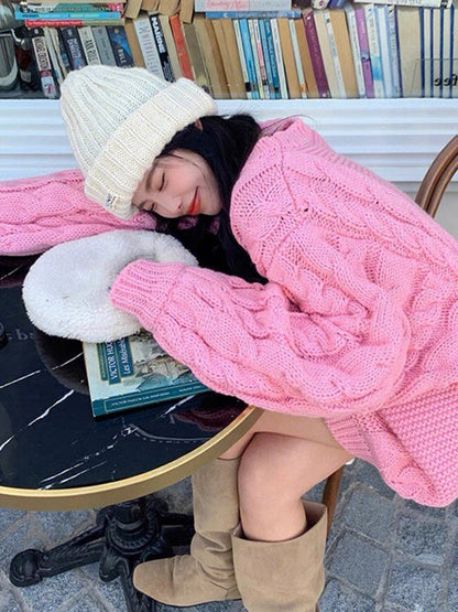 Pink soft and glutinous twist sweater for women autumn and winter 2023 new Korean style gentle mid-length lazy style sweater V1145