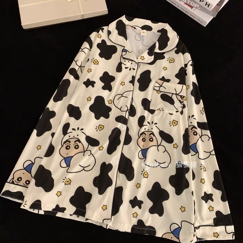 ins cartoon crayon shin-chan couple pajamas long-sleeved set pure cotton spring and autumn thin section stitch men and women home clothes