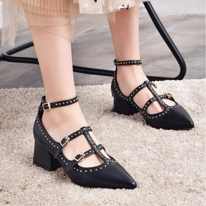 Women's spring rivet high-heeled shoes thick-heeled leather single shoes pointed-toe Mary Jane shoes mid-heel one-word buckle small size 33 straps