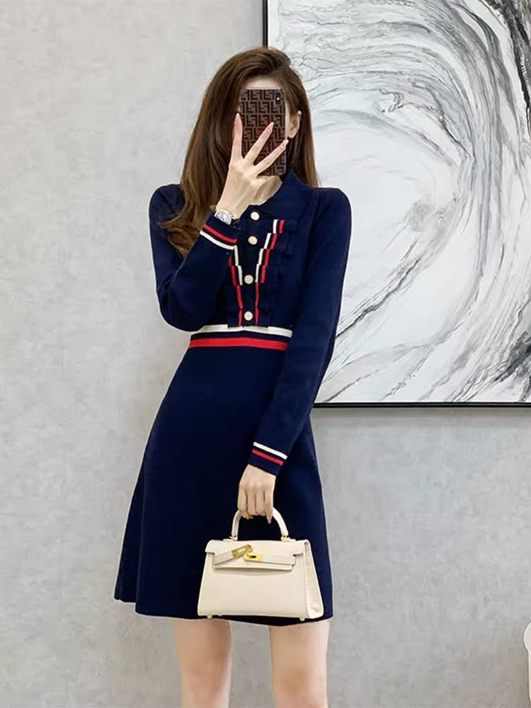 Autumn and winter 2023 new style small fragrance Polo collar knitted dress high-end temperament waist slimming bottoming sweater dress D8891