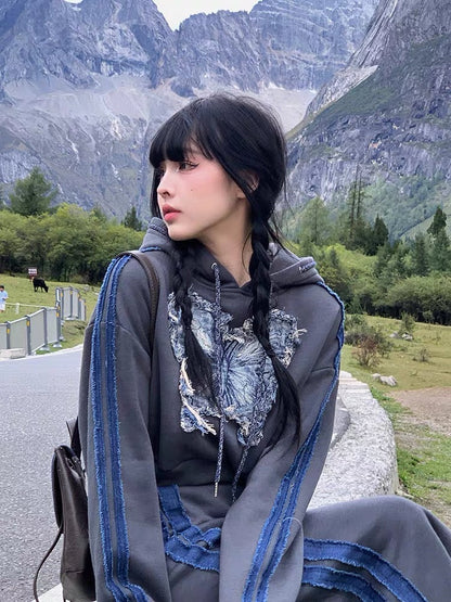 Drowning three fish hooded sweatshirt suit skirt for women autumn and winter velvet thickened retro top spliced denim skirt long skirt (D7115)