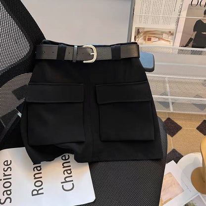 Double-pocket personalized tooling skirt female 2023 summer small tall waist slim a bag hip skirt with belt