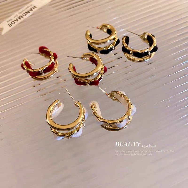 925 silver needle geometric double layer earrings niche velvet chain earrings Korean autumn and winter retro temperament earrings for women