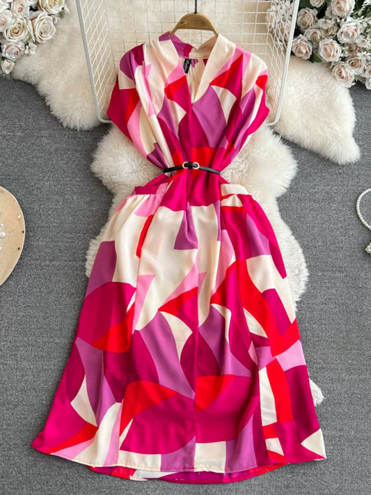Bohemian seaside holiday beach dress gentle style short-sleeved V-neck waist medium-length A-line plaid dress