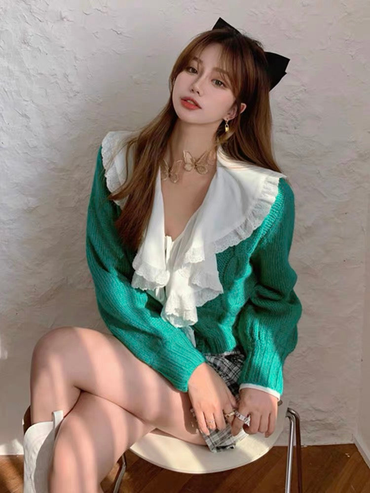 Large size retro coarse hemp mohair knitted cardigan women's lantern sleeve short sweater jacket autumn and winter 2023 new style