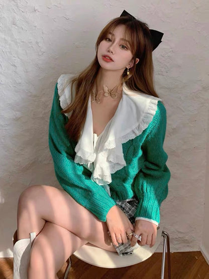 Large size retro coarse hemp mohair knitted cardigan women's lantern sleeve short sweater jacket autumn and winter 2023 new style