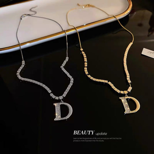 Real gold electroplated zircon letter D square necklace Korean ins cold style sweater chain autumn and winter fashion internet celebrity necklace