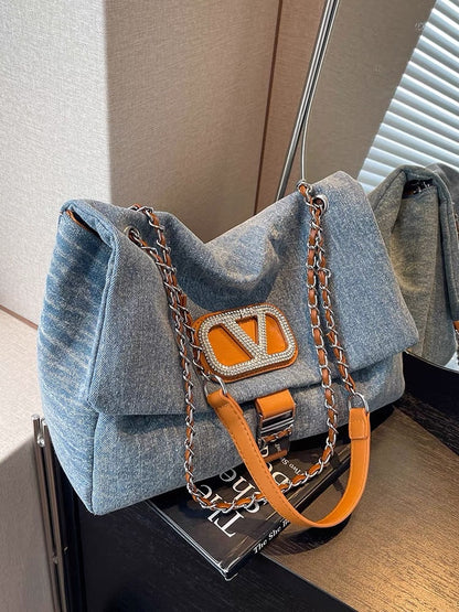 Fashion casual chain portable large-capacity bag women's new denim tote bag 2023 high-end underarm bag