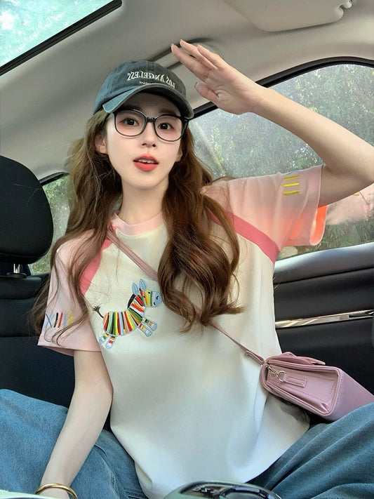 Colorful pony embroidered short-sleeved T-shirt for women 2025 new summer age-reducing design loose American style raglan top