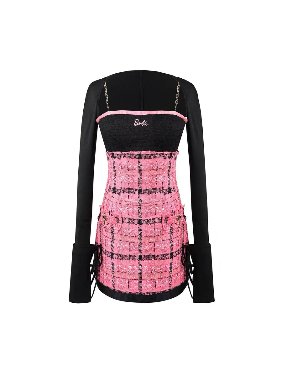 UnderpassX Barbie Barbie co-branded pink plaid small fragrant style suspender waist two-piece a-line dress