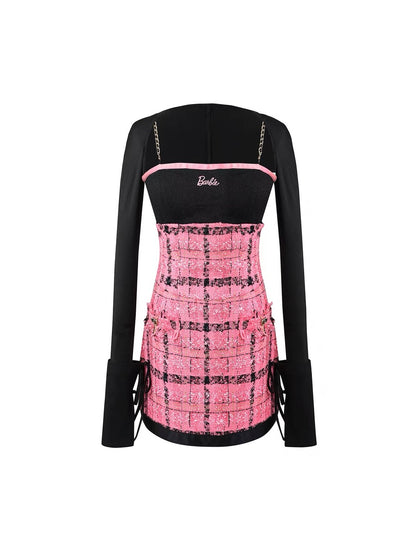 UnderpassX Barbie Barbie co-branded pink plaid small fragrant style suspender waist two-piece a-line dress