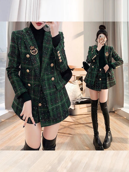 Xiaoxiangfeng Suit Pants Suit Women's 2023 New Winter Plaid Woolen Suit Two-piece College Style Suit