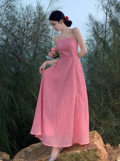 French pink high-end sexy backless suspender dress female summer fairy temperament seaside holiday princess long skirt