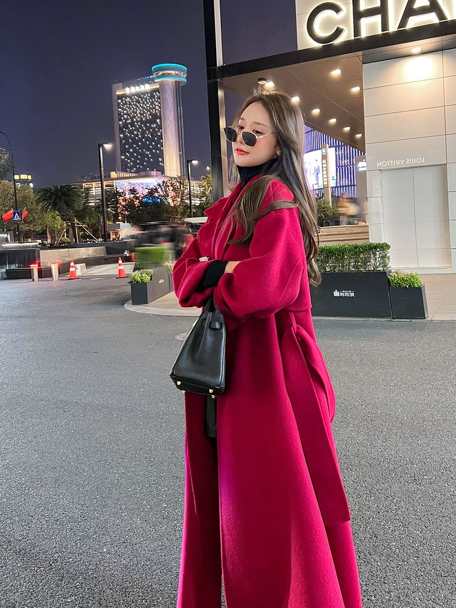 Red double-sided cashmere coat for women mid-length 2023 autumn and winter new style over-the-knee loose temperament wool coat