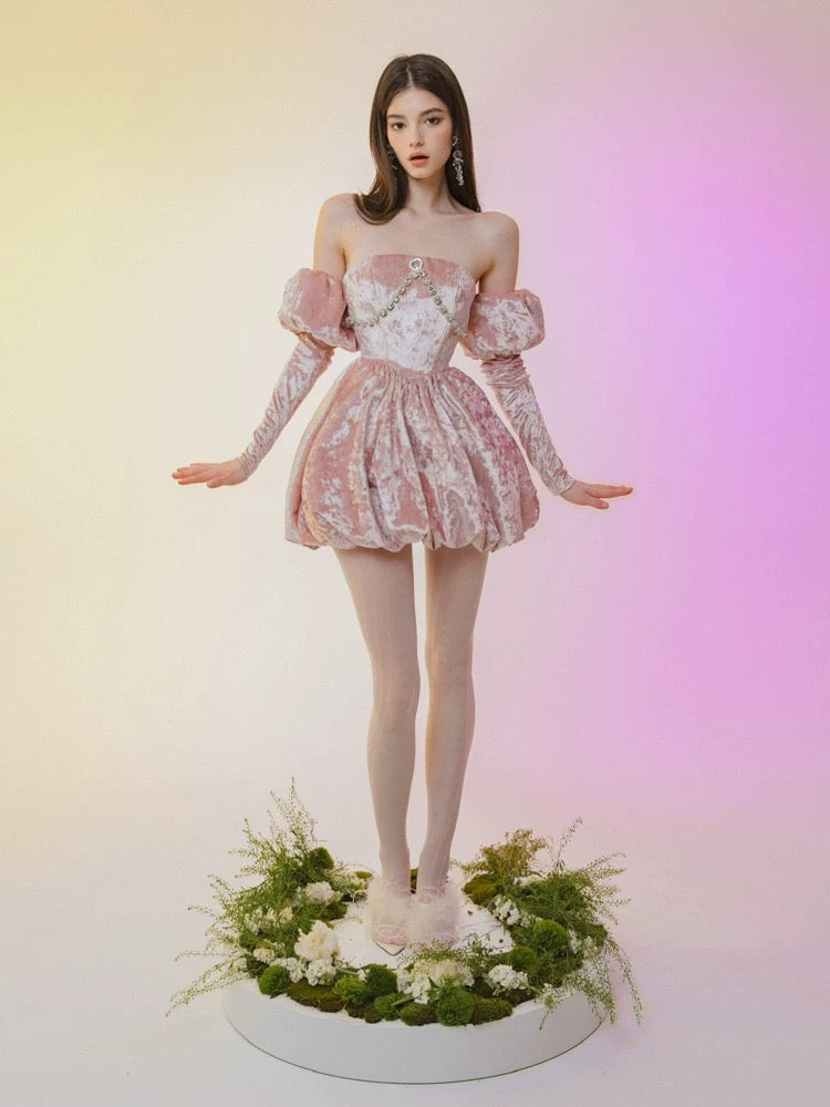 Bloomin original pink velvet tube top dress small dress temperament high-end dress birthday party