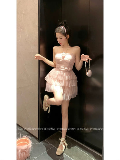 Pure desire suspender halterneck dress for women in summer sweet hottie heavy industry flower skirt temperament ruffled cake skirt