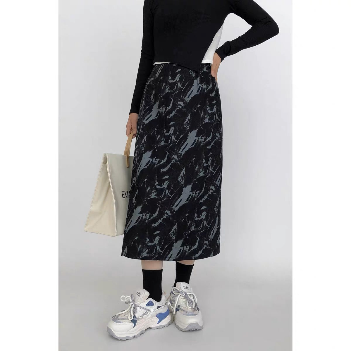 Slightly fat large size tie-dye retro woolen skirt women's A-line skirt fat mm skirt spring high-waisted mid-length pear-shaped skirt A3362
