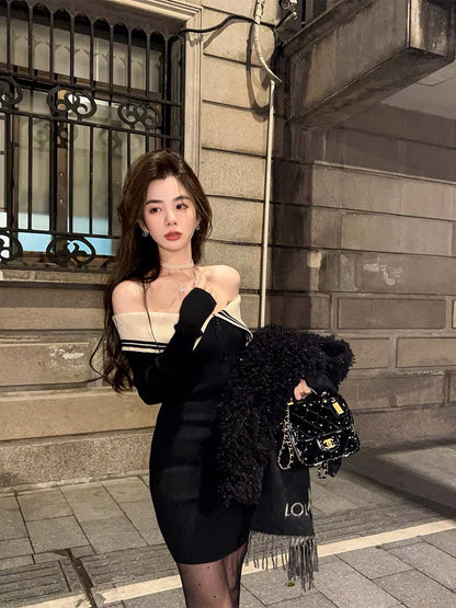 Qiu Rouyao's sweet and spicy pure desire one-line collar high waist short skirt niche slimming high-end dress for petite women (B1910)