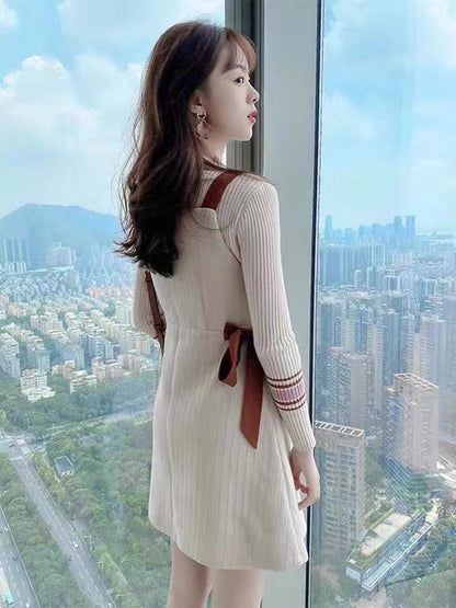 Knitted woolen suit women's two-piece suit 2023 autumn and winter new fashion fashion waist slimming suspender skirt long-sleeved dress (B1417)