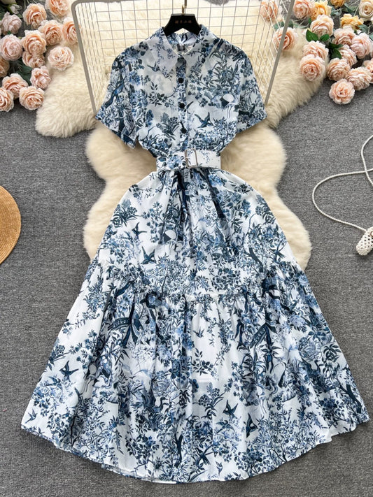 French retro print temperament dress ladies shirt collar buttoned waist slim medium long holiday skirt trendy