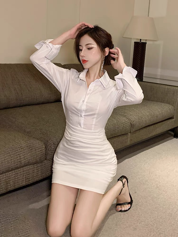 Korean style white shirt dress for women summer 2023 new pure lust style POLO collar temperament slim fit hip skirt