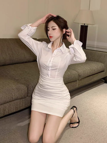 Korean style white shirt dress for women summer 2023 new pure lust style POLO collar temperament slim fit hip skirt