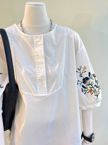 The last wave of new styles in summer~ Pullover embroidered pure cotton mid-sleeve white shirt for women, summer design loose top