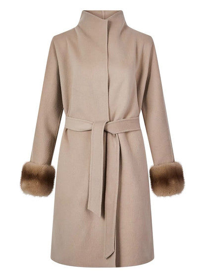 Shanxi said white milk tea gray full wool double-sided woolen splicing real mink fur cuffs mid-length coat for women (B1312)