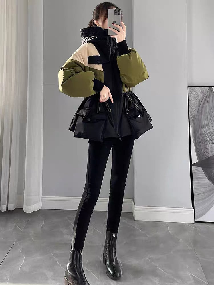 Contrast color down jacket 2023 new women's winter waist slimming mid-length white duck down thickened short jacket