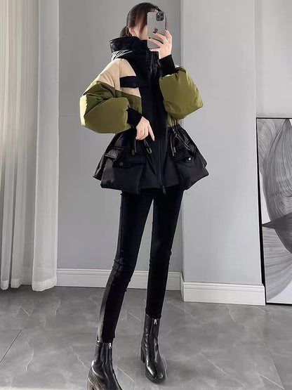Contrast color down jacket 2023 new women's winter waist slimming mid-length white duck down thickened short jacket
