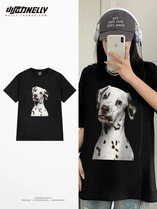 2024 heavyweight pure cotton T-shirts for men and women short-sleeved American retro Dalmatian print loose half-sleeved spring and summer clothes