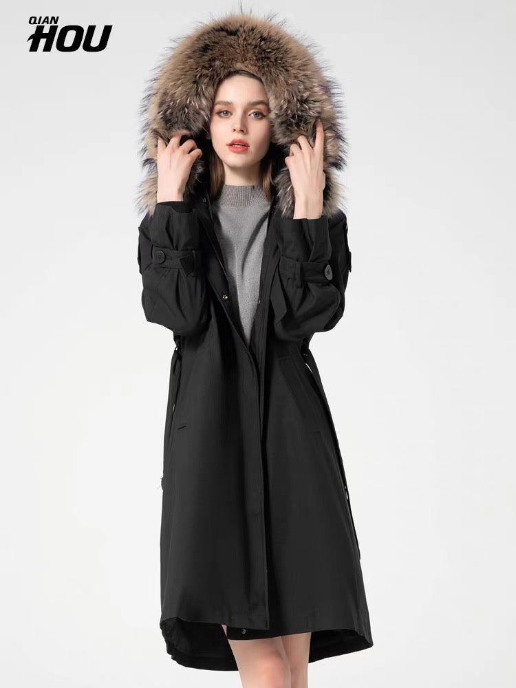 Parker Women's 2023 New Winter Rex Rabbit Fur Integrated Liner Medium Long Style Popular Young Fur Jacket Coat