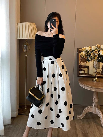 French retro Hepburn style two-piece suit female 2023 autumn new slim black one-shoulder dress female
