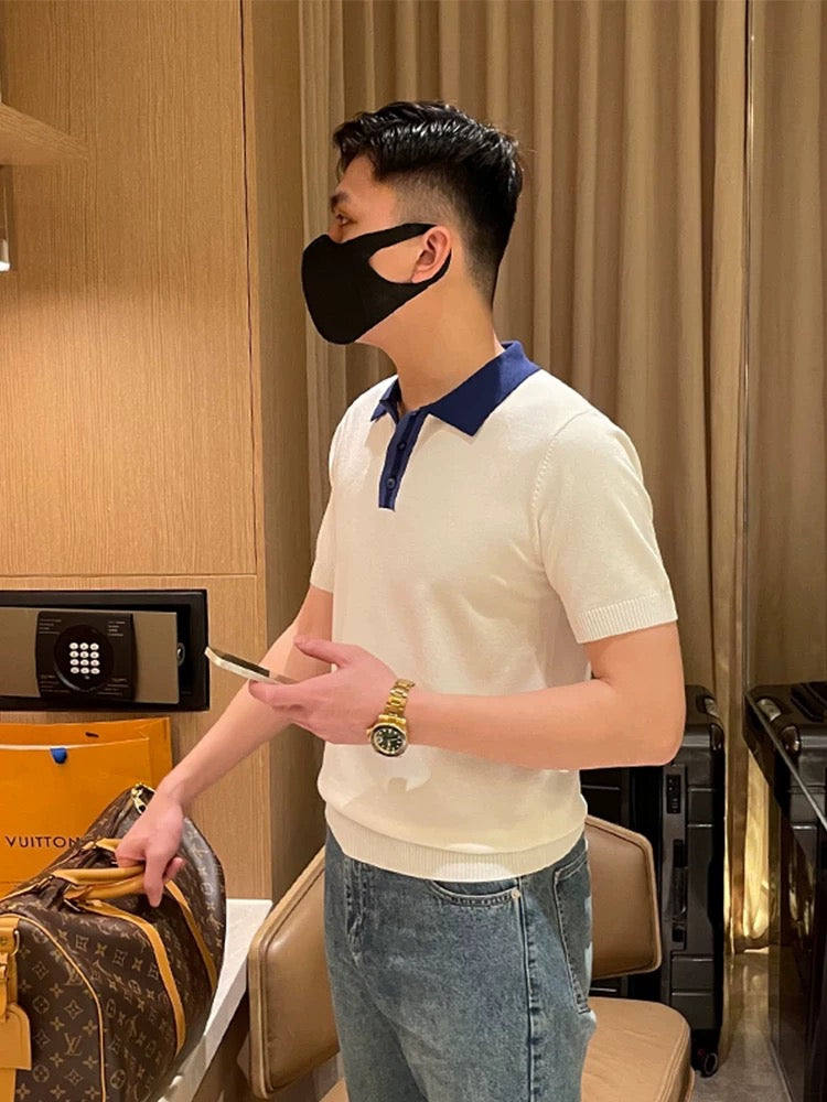 Summer new contrast color collar knitted tops men's T-shirt short sleeve business slim clothes lapel polo shirt men
