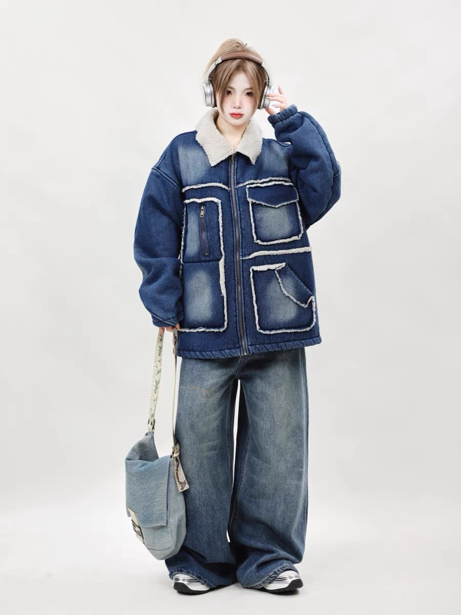 High-end and super good-looking 2023 new loose denim cotton-padded clothes for women winter thickened lamb wool coats and cotton-padded jackets A3343