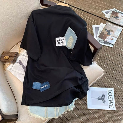 Short-sleeved women's 2023 new summer style irregular denim splicing slimming slim temperament mid-length top ins trend
