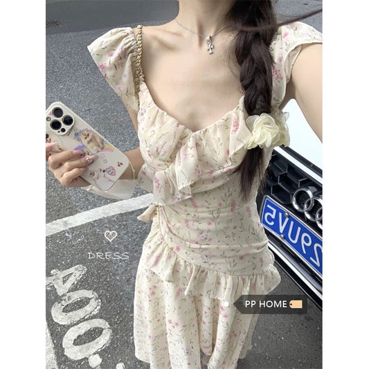PPHOME is full of temperament~Sweet flying sleeves floral suspender dress women's design holiday style fairy long dress