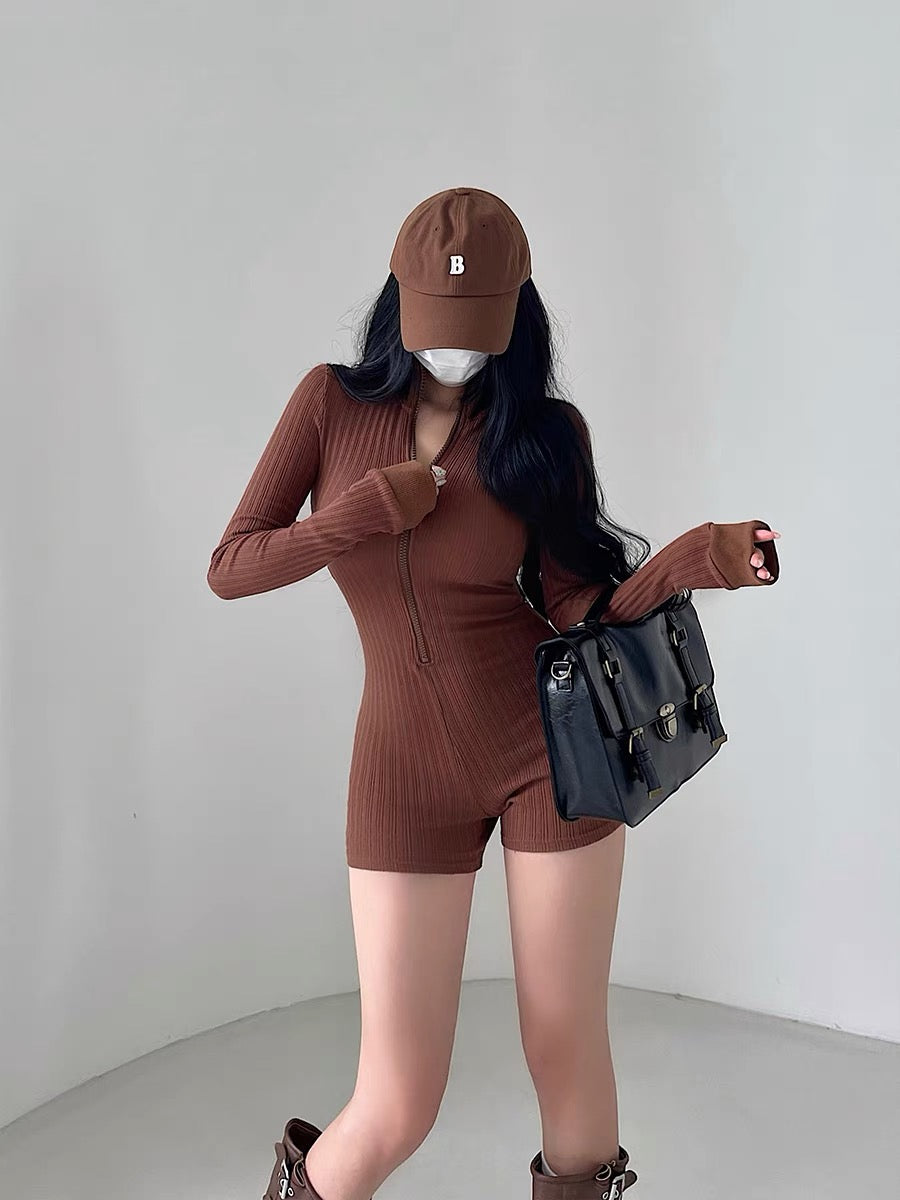 YoungGirlDay European and American style hot girl stand collar zipper slim slim long sleeve solid color knitted jumpsuit trendy (B1818)