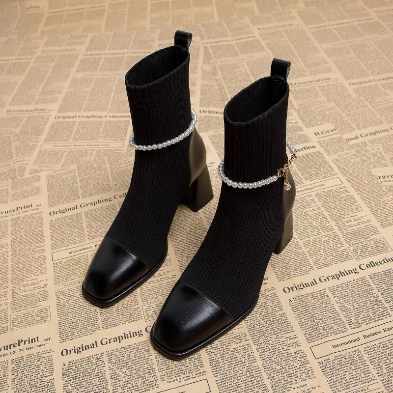 High-heeled short boots for women 2023 autumn and winter new square toe women's boots medium thick heel thin sock boots versatile Martin boots