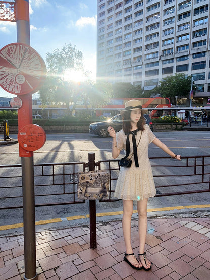 Fish Rabbit Rabbit Xiaoxiang style French polka dot dress female summer new design pleated short skirt