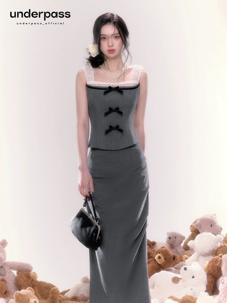 Underpass original design French grey mesh bow suspender top slit long skirt two piece suit