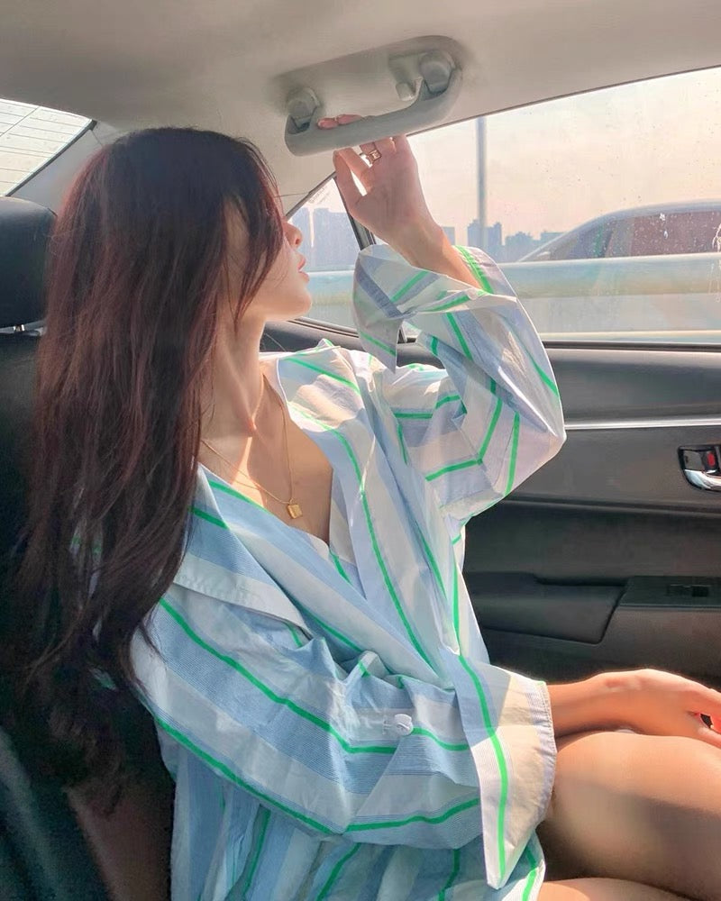 Korean style contrast striped Polo collar sun protection long-sleeved shirt women's summer new style loose outer wear lazy fashionable top