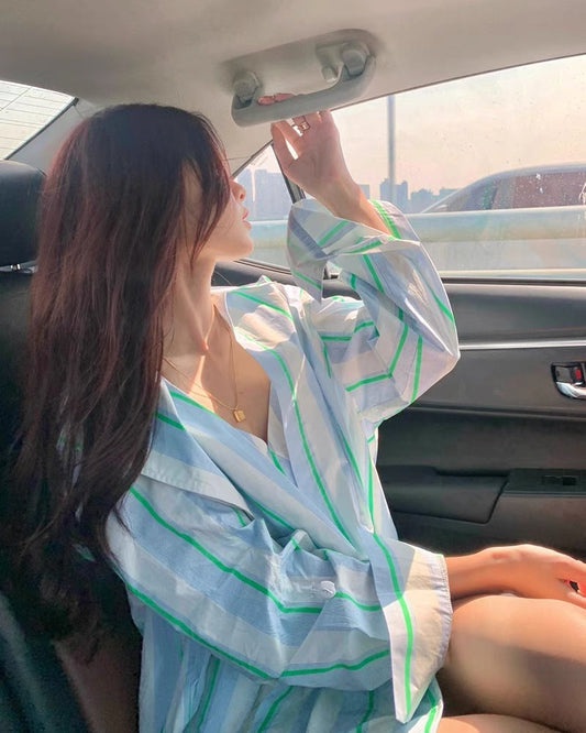 Korean style contrast striped Polo collar sun protection long-sleeved shirt women's summer new style loose outer wear lazy fashionable top