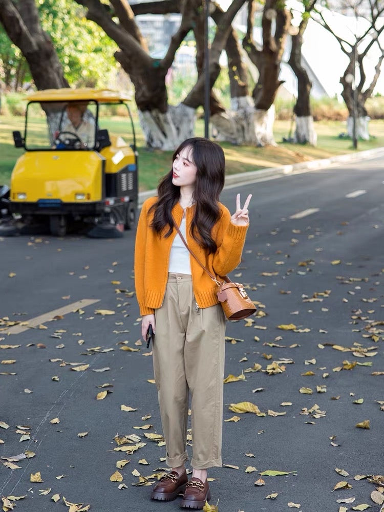 Japanese lazy sweater zipper jacket knitted cardigan pants two-piece suit autumn and winter small people wear a complete set