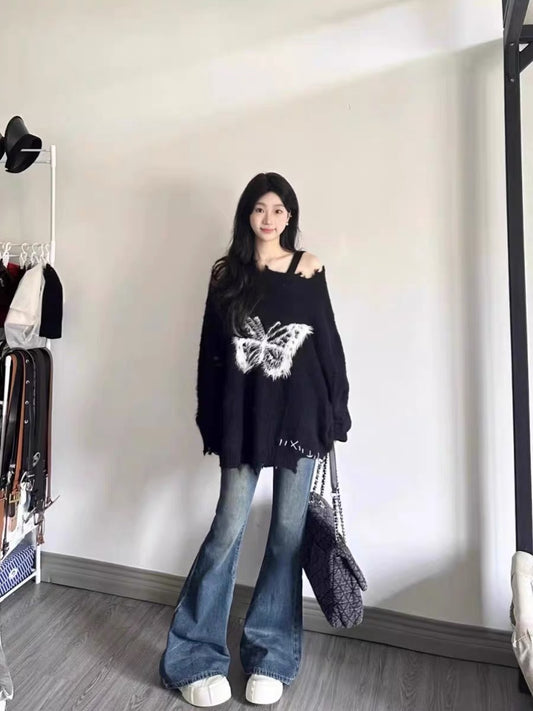 2023 New Plush Bow Lazy Sweater Women's Loose Autumn and Winter Designed Hole Knitted Sweater Top