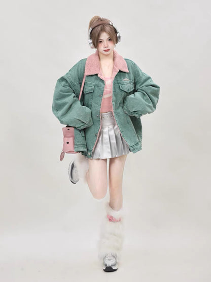 Winter American loose niche design green denim cotton jacket for women 2023 new thickened lamb wool cotton jacket A3342