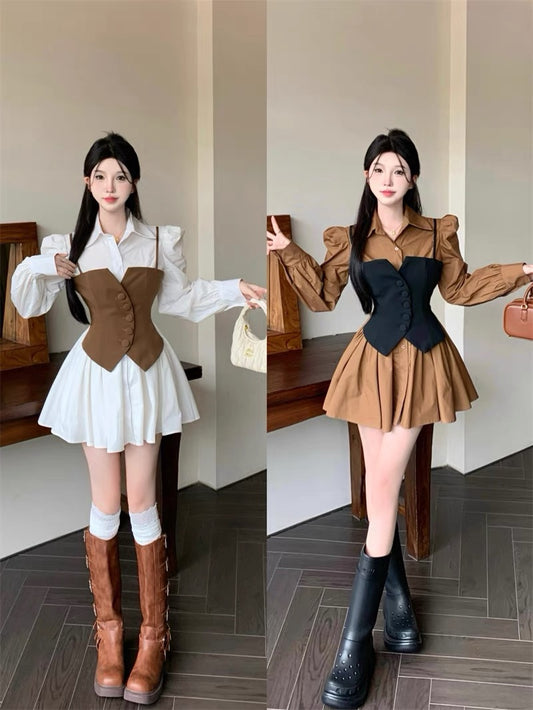 Waist slimming shirt dress autumn long-sleeved suspender splicing fake two-piece skirt women's stunning small skirt advanced A2252