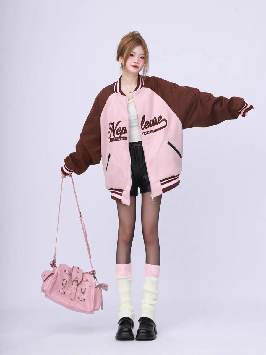American retro high street raglan sleeves spliced pink suede baseball jacket women's spring and autumn loose heavyweight jacket A3346